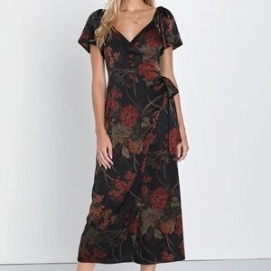 Lulu's Black Floral Print Faux Wrap Midi Dress (size M)
